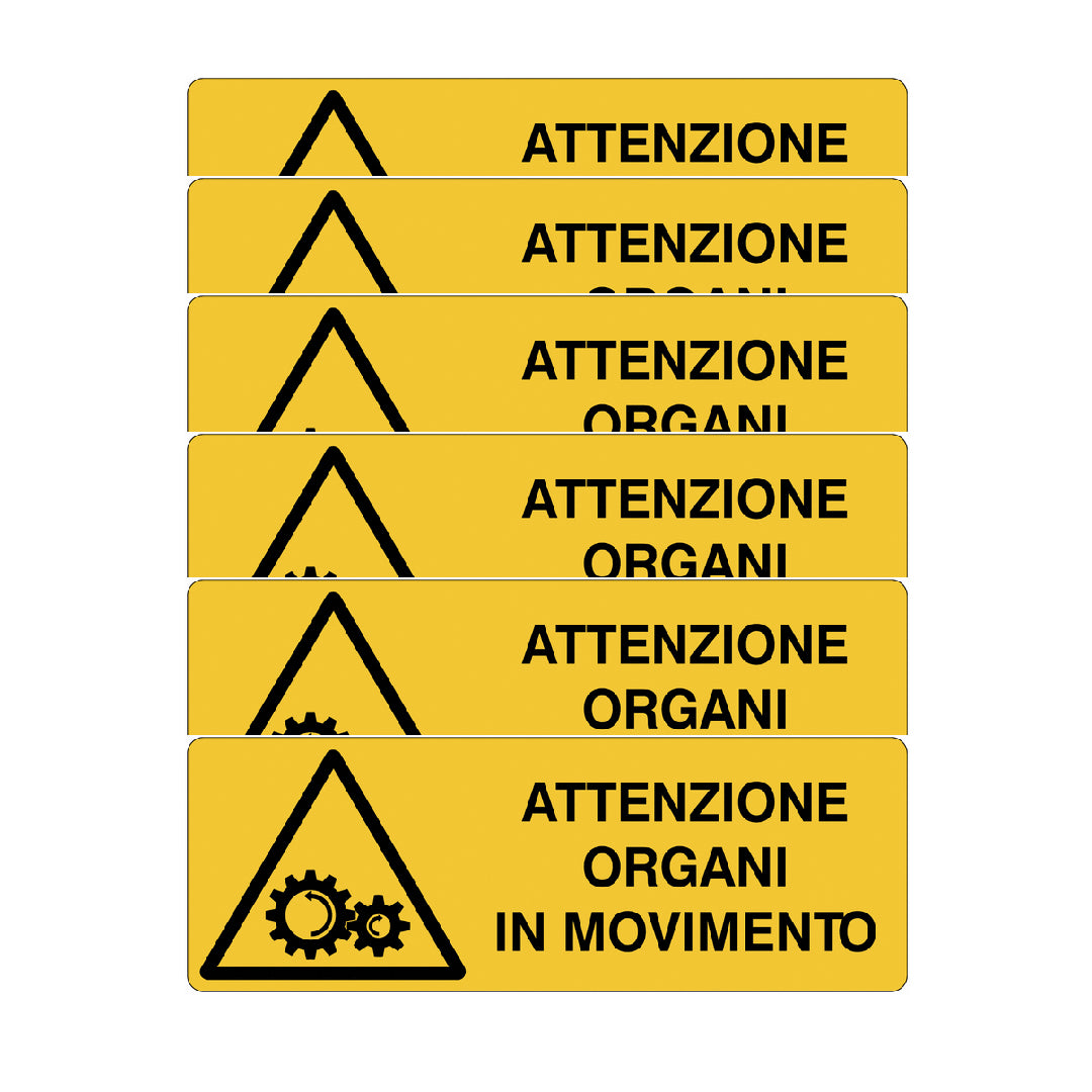 KIT DI 6 ADESIVI UNI -Attenzione organi in movimento- Pittogramma ISO 7010 Con Stampa Diretta U.V. (IDEALE ANCHE PER ESTERNO)