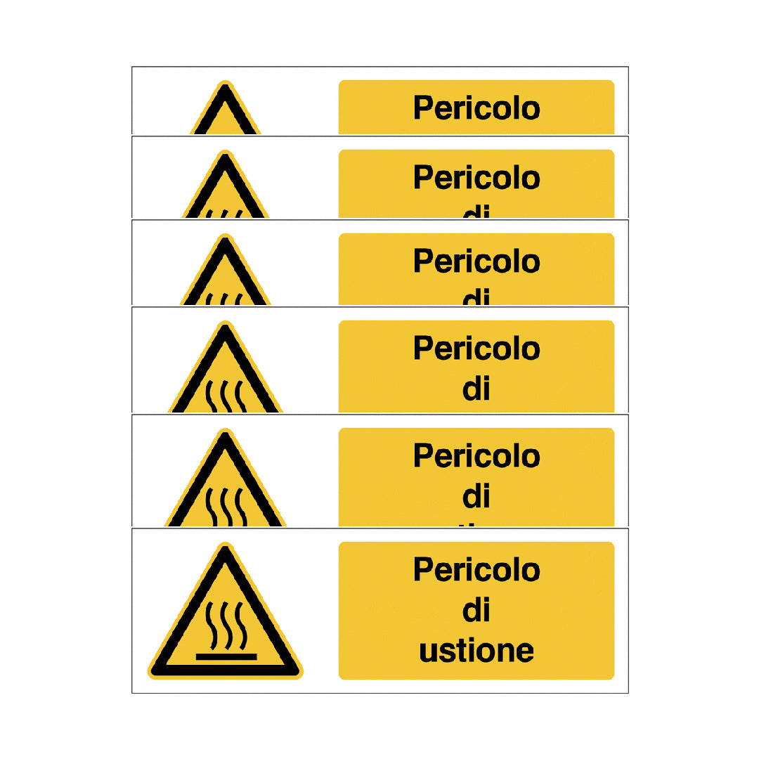 KIT DI 6 ADESIVI UNI - Pericolo di ustione - Pittogramma ISO 7010 Con Stampa Diretta U.V. (IDEALE ANCHE PER ESTERNO)